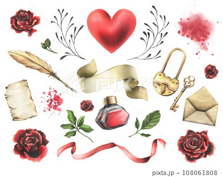 For Valentine's Day, a large set with a heart, roses, letters, a lock and a key. Hand drawn watercolor illustration. Set of isolated elements on a white background. 108061808