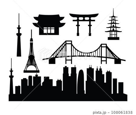 Japanese architecture silhouette elements, including skyscrapers, bridges, towers, and iconic temple mascots 108061838