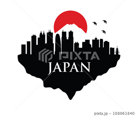 Silhouette of a Japanese city with mountains and the sun 108061840