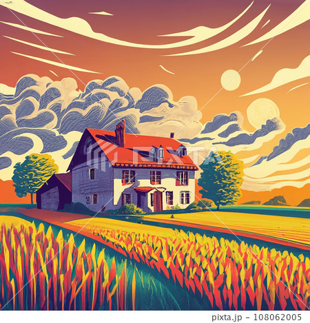 color illustration of a cute farmhouse with wheat fields. symbol of farming, eco-friendly products	 108062005