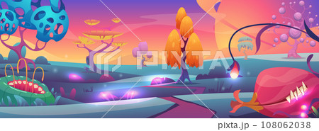 Fantasy background. Scary monster flowers with mouth exact vector cartoon template 108062038