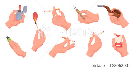 Cigarettes in hands. People holding vape cigarette and different specific devices for smoking exact vector tobacco concept pictures set 108062039