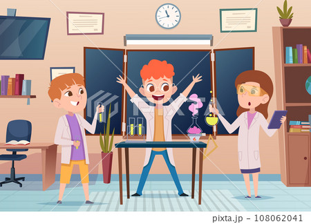 Scientists. Little kids making experiments in chemical laboratory exact vector cartoon people funny background Scientists. Little kids making experiments in chemical laboratory exact vector cartoon people funny background 108062041
