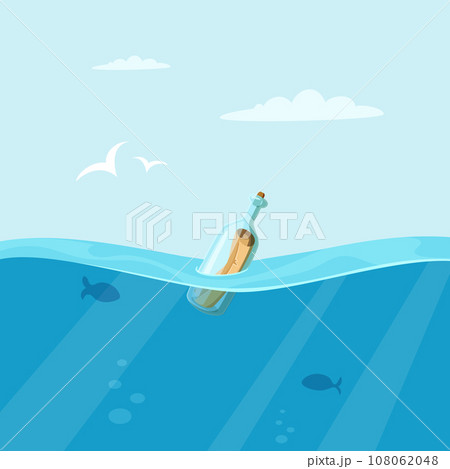 Bottle in sea. Outdoor background with open sea space. Vector marine landscape 108062048