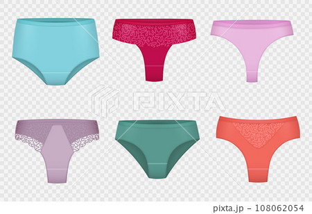 Female panties. Woman underwear collection decent vector textile panties realistic illustrations set Female panties. Woman underwear collection decent vector textile panties realistic illustrations set 108062054
