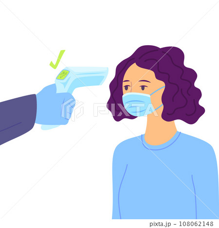 Cartoon Character Girl and Body Temperature Check Concept Flat Design Style. Vector illustration of Infrared Thermometer Measure Temperature Forehead 108062148