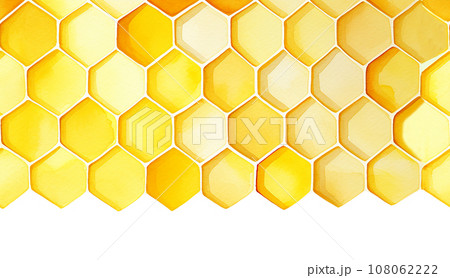 seamless background, honeycomb border. yellow honeycomb watercolor hand drawing. isolated on white background. pattern for design, banner, place for an inscription. cute drawing farming, bee	 108062222