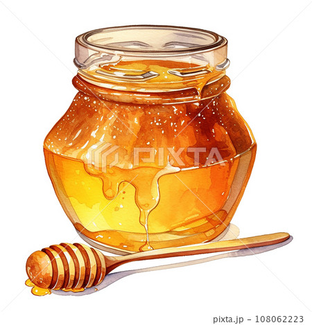watercolor drawing. jar of honey. illustration on the theme of beekeeping, farming, natural products	 108062223