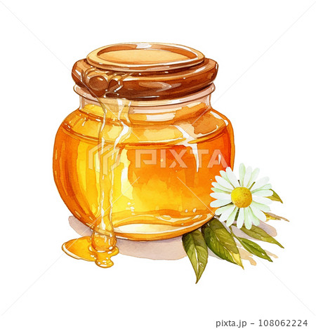 watercolor drawing. jar of honey. illustration on the theme of beekeeping, farming, natural products	 108062224