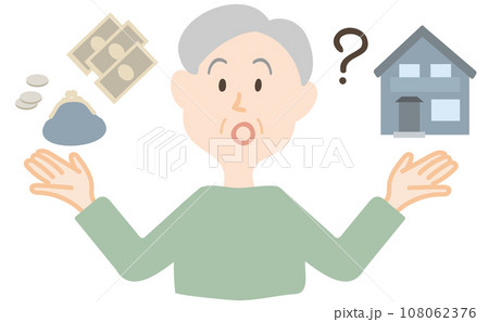 家と老後資金を考えるシニア男性 108062376