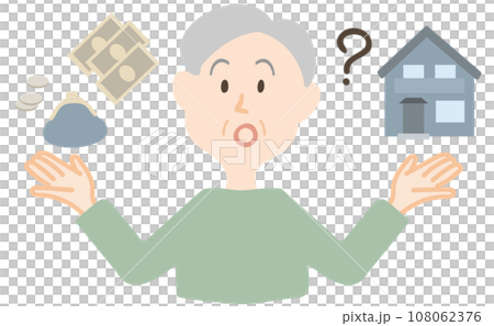 家と老後資金を考えるシニア男性 108062376
