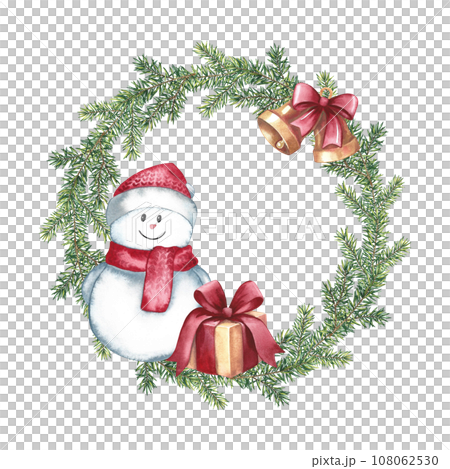 A snowman in a Christmas tree wreath with a gift. Handmade watercolor illustration. For the packaging of greeting and invitation cards, labels. For banner stands and posters. For festive decoration. 108062530