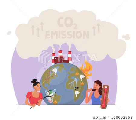 Global Warming and Climate Change Concept. Women Collect Garbage and Showing High Temperature near the Earth 108062558