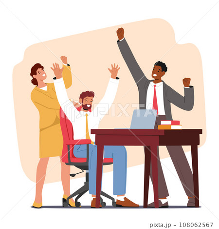 Business Team Characters Rejoice Near The Computer, Celebrating Success With Smiles And High-fives, Vector Illustration 108062567