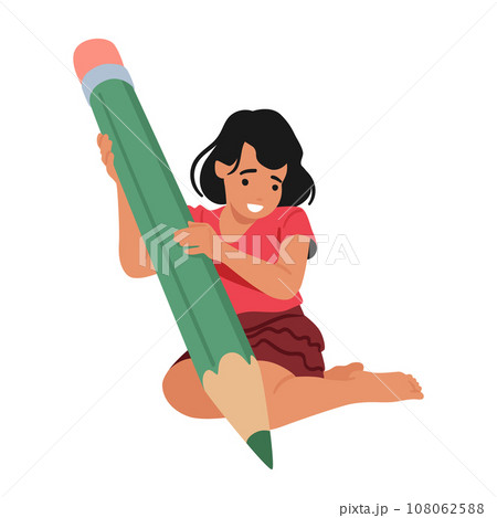 Young Girl Meticulously Sketches Her Dreams Onto Paper With An Oversized Pencil, Her Creativity Boundless Young Girl Meticulously Sketches Her Dreams Onto Paper With An Oversized Pencil, Her Creativity Boundless 108062588
