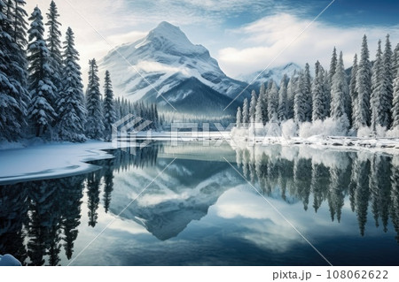 Winter landscape of snowy mountains with lake and pine trees Winter landscape of snowy mountains with lake and pine trees 108062622