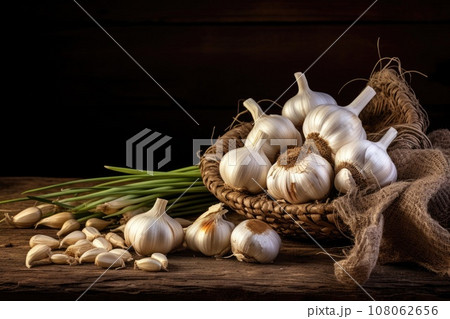 Harvested garlic, garlic on a rustic old board 108062656