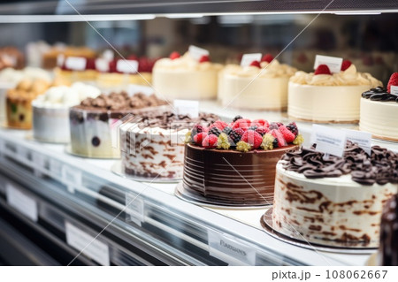 Various cakes in a shop window for sale 108062667