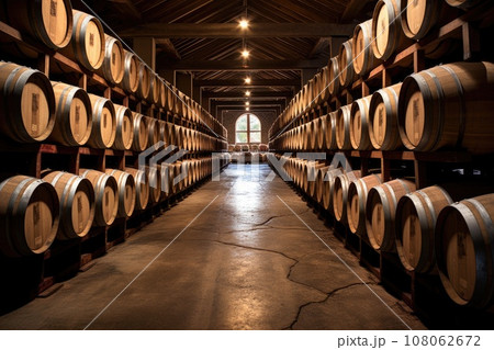 Wooden oak barrels for wine in the cellar Wooden oak barrels for wine in the cellar 108062672
