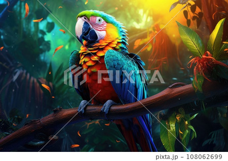 Colorful illustration scarlet macaw parrot in jungle. 108062699