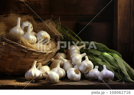 Harvested garlic, garlic on a rustic old board Harvested garlic, garlic on a rustic old board 108062716