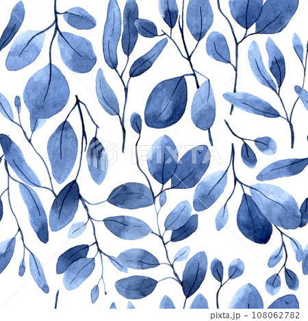 watercolor seamless pattern with blue eucalyptus leaves. airy delicate print on white background 108062782