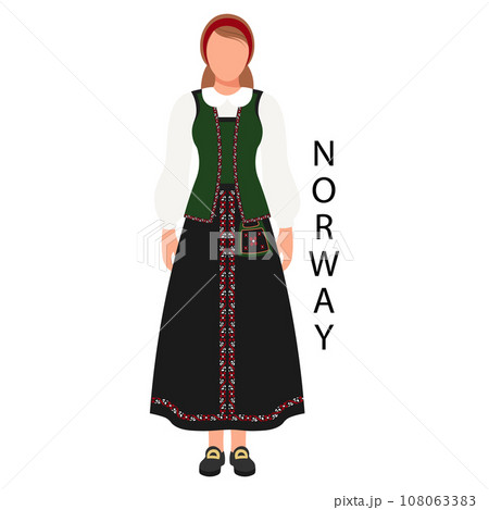A woman in a Norwegian folk costume and headdress. Culture and traditions of Norway. Illustration, vector 108063383