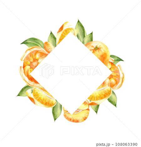 Watercolor citrus orange tangerines frame. Hand drawn food illustration, clemetines square frame for menu, logo, label, invitation design. Isolated clip art Watercolor citrus orange tangerines frame. Hand drawn food illustration, clemetines square frame for menu, logo, label, invitation design. Isolated clip art 108063390