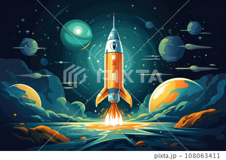 Spaceship rocket flies in space 108063411