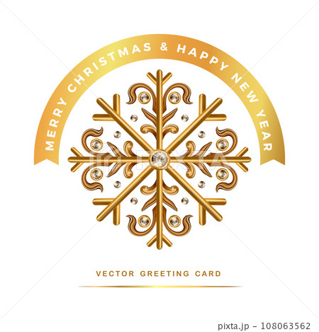 Merry Christmas Party vector holiday greeting card, premium luxury 3d gold shiny diamond snowflake  108063562