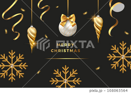 Merry Christmas Party vector poster holiday greeting card, premium luxury 3d gold snowflake ornament decoration of golden ball shiny render 108063564