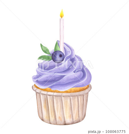 Watercolor cupcake with violet whipped cream. Decorated candle, bilberry, blueberry, leaves. Food clipart. Hand drawn illustration isolated on white background. For design menu, cafe 108063775