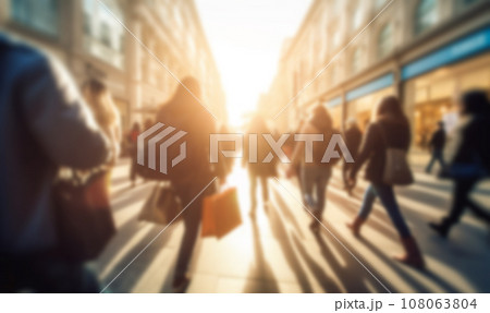Busy shopping street in the city. Rush hour. Motion blurred crowd of shopping walking on busy fashion shop street. Crowd of people shoppers walking in the streets blurred background 108063804