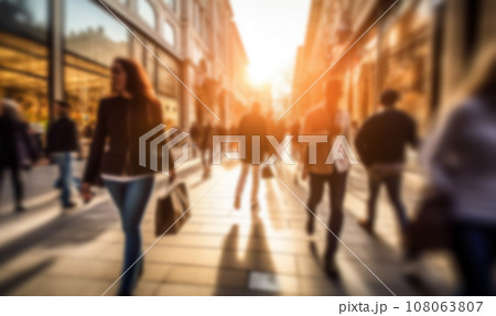 Busy shopping street in the city. Rush hour. Motion blurred crowd of shopping walking on busy fashion shop street. Crowd of people shoppers walking in the streets blurred background 108063807