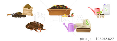 Organic Compost and Plant Fertilizer for Garden Work Vector Set 108063827