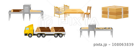 Wooden Furniture Production with Raw Timber Material Process Vector Set Wooden Furniture Production with Raw Timber Material Process Vector Set 108063839