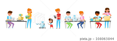 Children and Teenagers Engineering Robots Vector Illustration Set Children and Teenagers Engineering Robots Vector Illustration Set 108063844