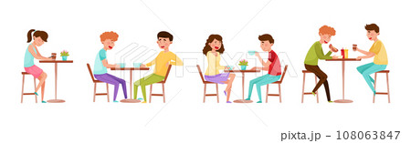 People Character Eating Street Food at Cafe Outdoor Vector Set 108063847