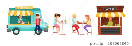 People Character Eating Street Food at Cafe Outdoor Vector Set People Character Eating Street Food at Cafe Outdoor Vector Set 108063849