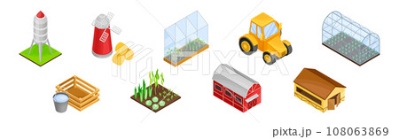 Gardening and Farm with Water Tower, Windmill, Tractor, Barn and Greenhouse Isometry Vector Set Gardening and Farm with Water Tower, Windmill, Tractor, Barn and Greenhouse Isometry Vector Set 108063869