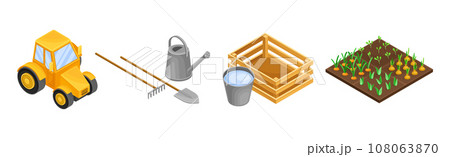 Gardening and Farm with Tractor, Watering Can, Crate and Garden Bed Isometry Vector Set 108063870