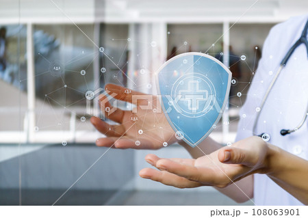 Showing health protection icon on blurred background online. Showing health protection icon on blurred background online. 108063901
