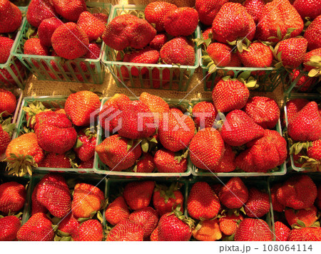 Rows of Strawberries in plastic baskets on display Rows of Strawberries in plastic baskets on display 108064114
