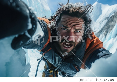 Alpinist climber on the top of an icy mountain 108064269