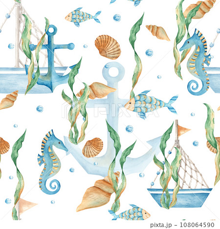Watercolor under the sea hand drawn seamless pattern with cute ship, boat, fishes, seahorse, nautical anchor, seaweeds, seashells and water bubbles. For fabric, textiles, baby clothes, wallpaper 108064590