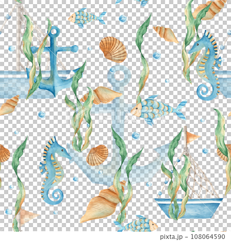 Watercolor under the sea hand drawn seamless pattern with cute ship, boat, fishes, seahorse, nautical anchor, seaweeds, seashells and water bubbles. For fabric, textiles, baby clothes, wallpaper 108064590