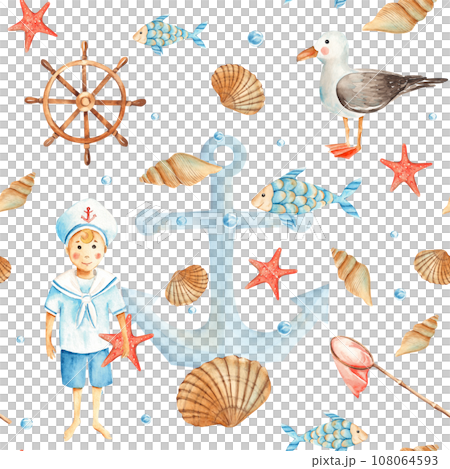 Watercolor sea seamless pattern with cute sailor boy, fishes, seagull, nautical anchor, red starfish, seashells, orange net, wooden steering wheel and water bubbles. Hand drawn illustration. For 108064593