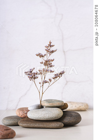 A branch of dried flower stands in a stack of smooth sea stones on the table vertical view A branch of dried flower stands in a stack of smooth sea stones on the table vertical view 108064678