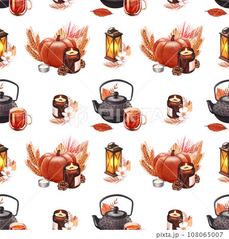 Watercolor pattern, teapot, pumpkin and autumn leaves. Hand-drawn illustration isolated on white background. Concept for fabric print, menu, scrapbooking, wrapping paper, textile prints, wallpaper 108065007