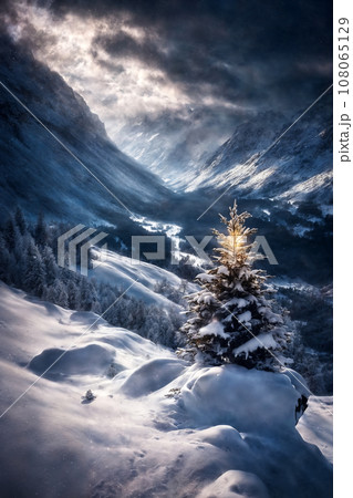 Christmas tree in a winter forest, snow covered mountains, beautiful nature at sunset, dark dramatic sky 108065129